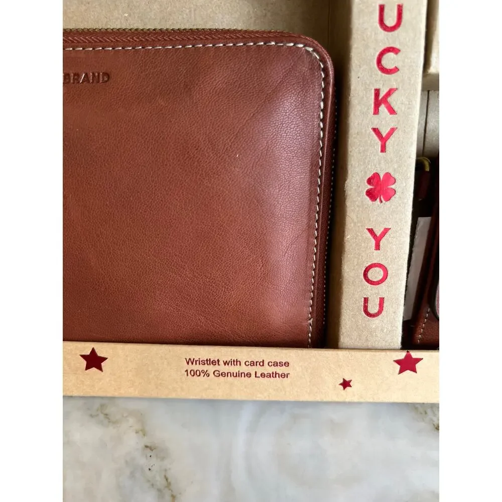Lucky Brand Rali Box Leather Wristlet & Card Case Gift Set Whiskey Brown